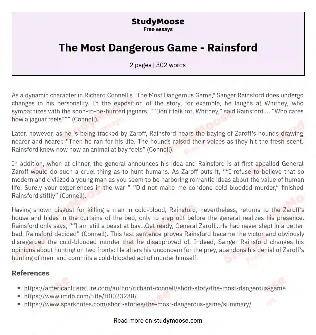 The Most Dangerous Game - Rainsford essay