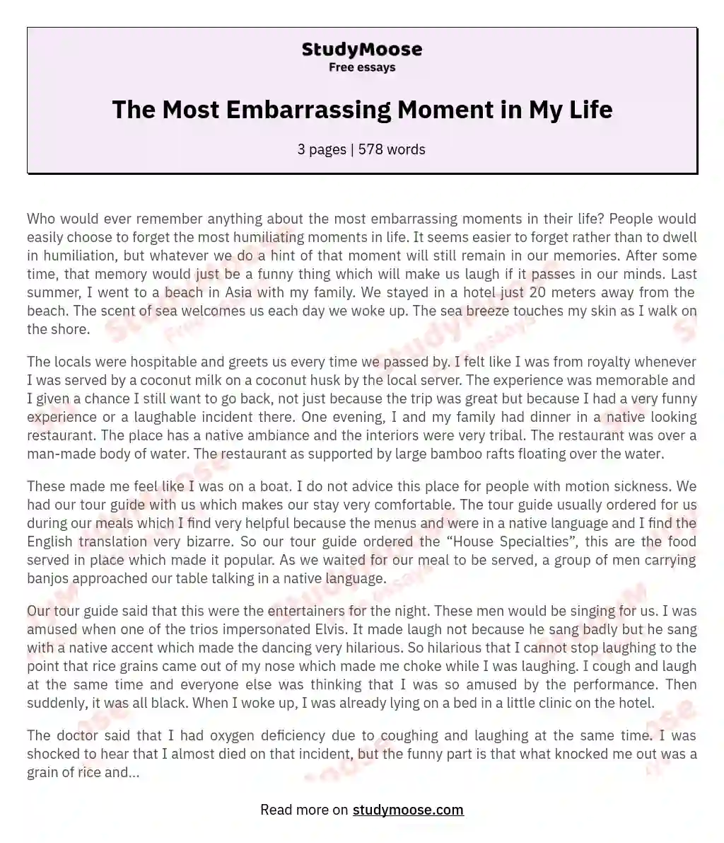 The Most Embarrassing Moment In My Life Free Essay Example