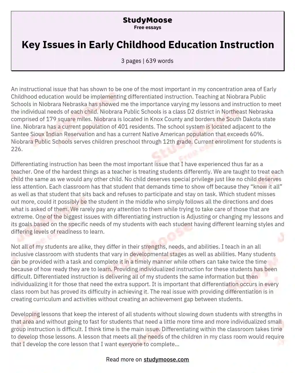 Key Issues in Early Childhood Education Instruction essay