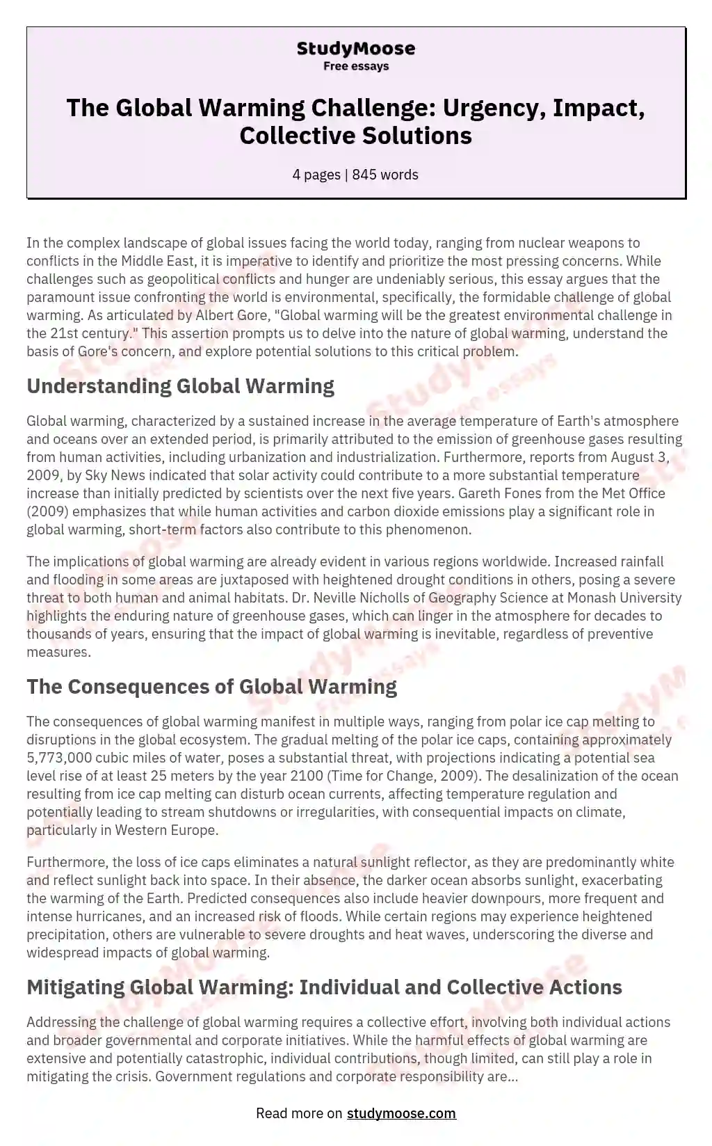 The Global Warming Challenge: Urgency, Impact, Collective Solutions essay
