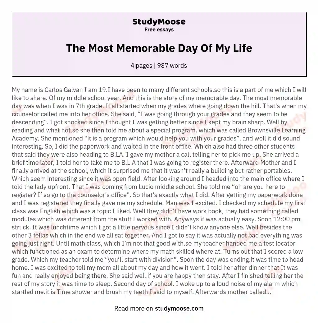 essay on the most memorable event in my life