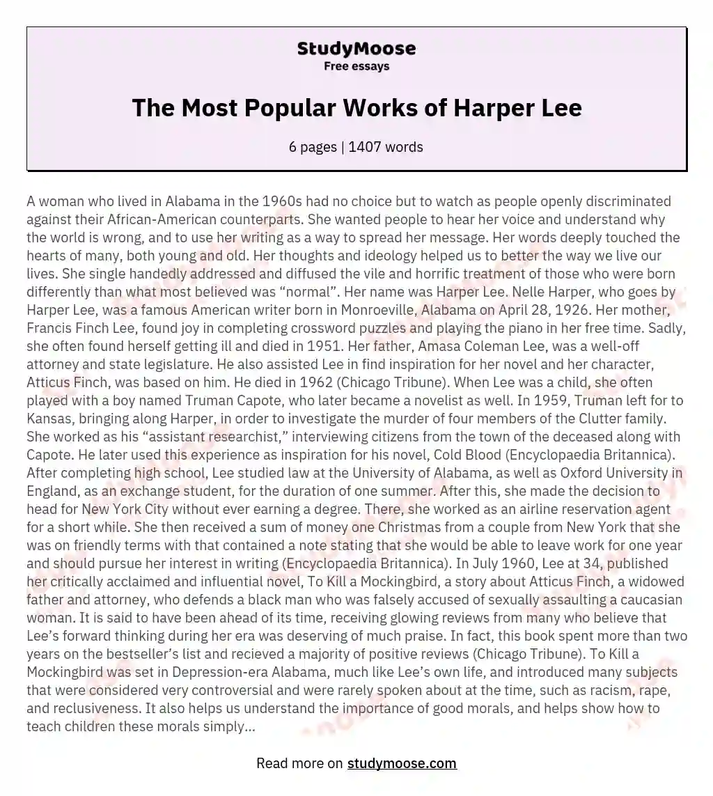 The Most Popular Works of Harper Lee essay