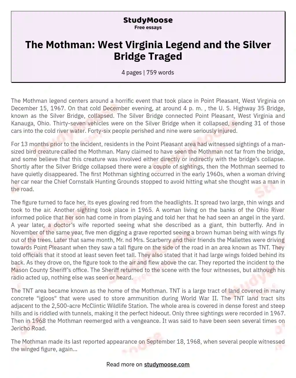The Mothman: West Virginia Legend and the Silver Bridge Traged essay