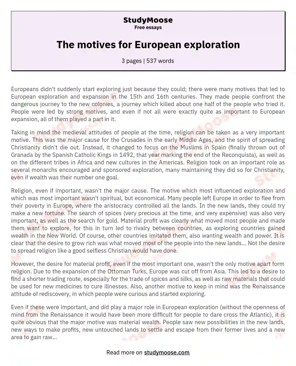 The motives for European exploration essay