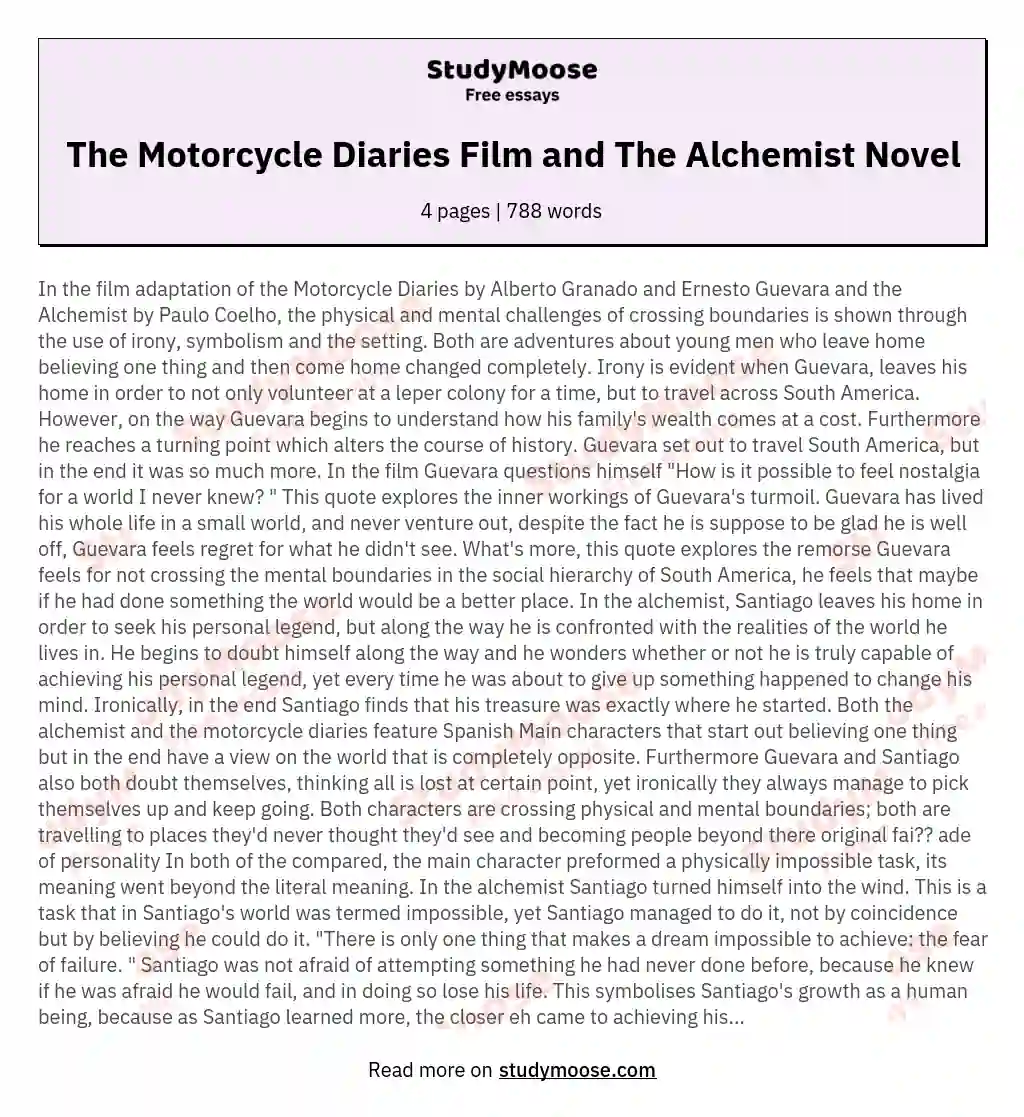The Motorcycle Diaries Film and The Alchemist Novel essay
