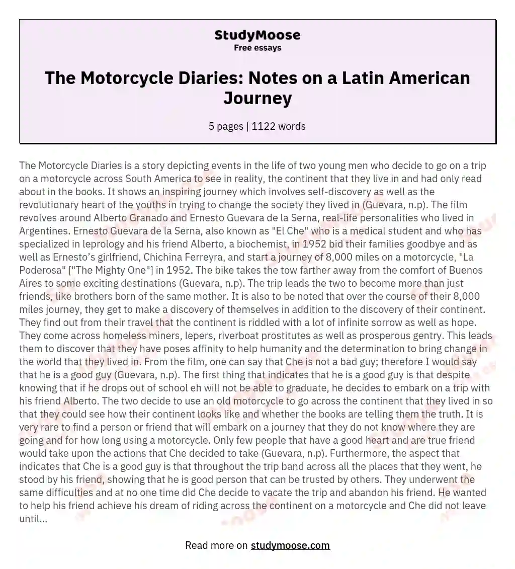 The Motorcycle Diaries: Notes on a Latin American Journey essay