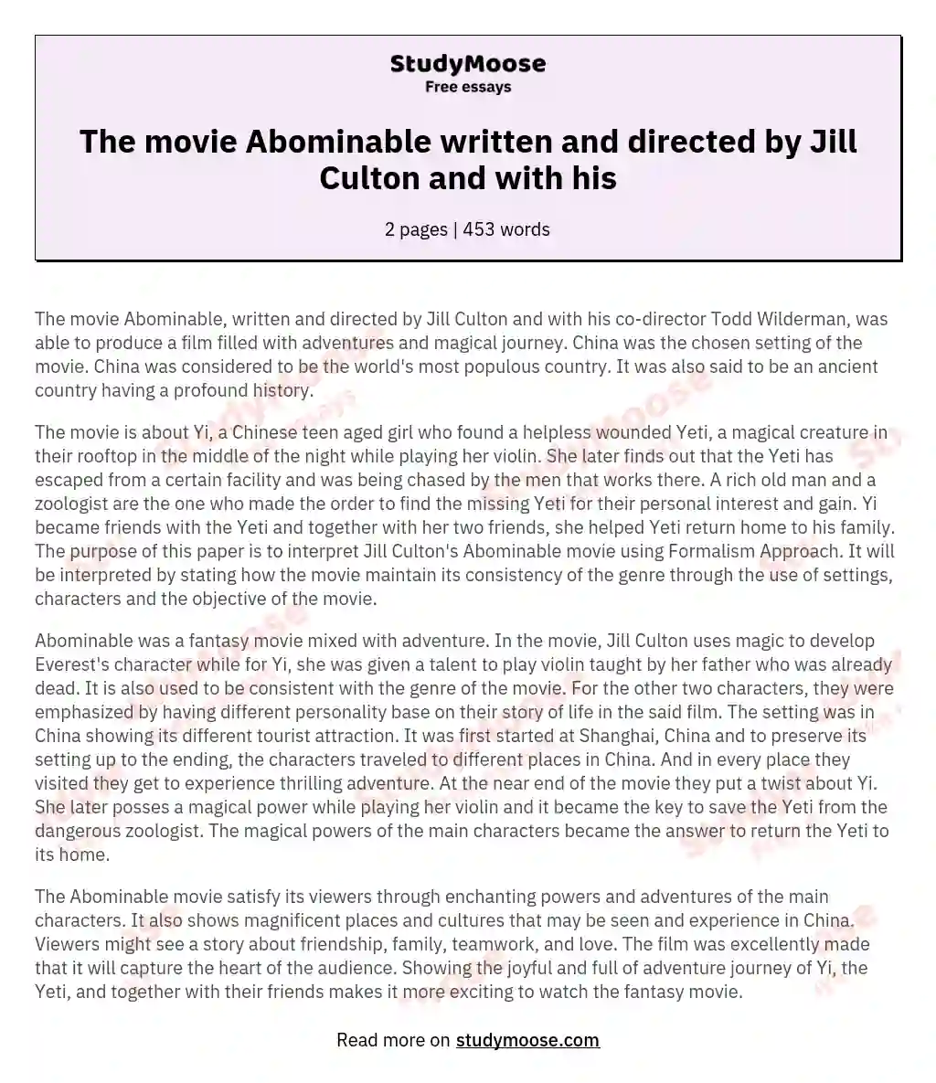 The movie Abominable written and directed by Jill Culton and with his essay