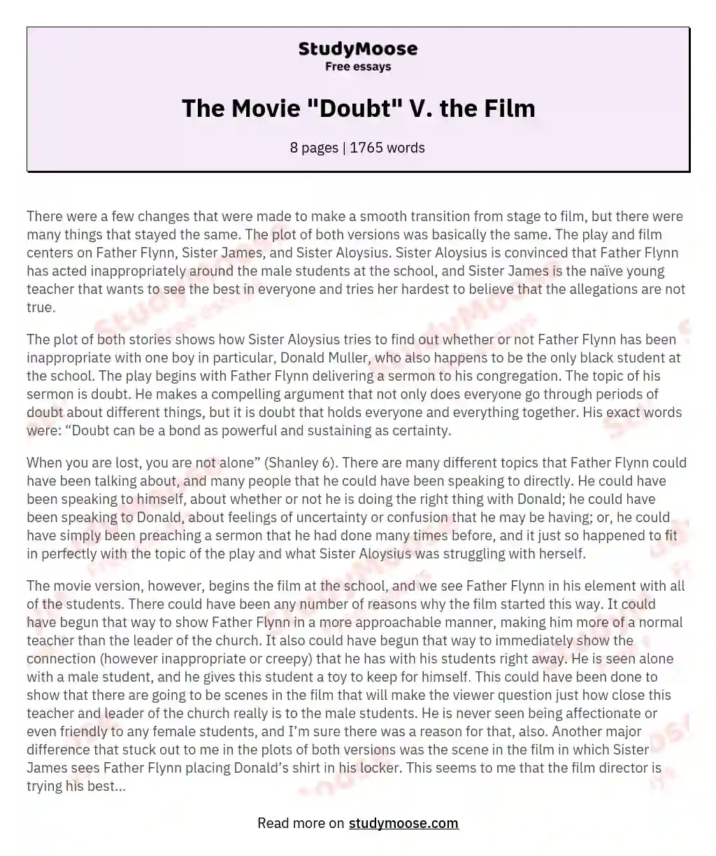 The Movie "Doubt" V. the Film essay