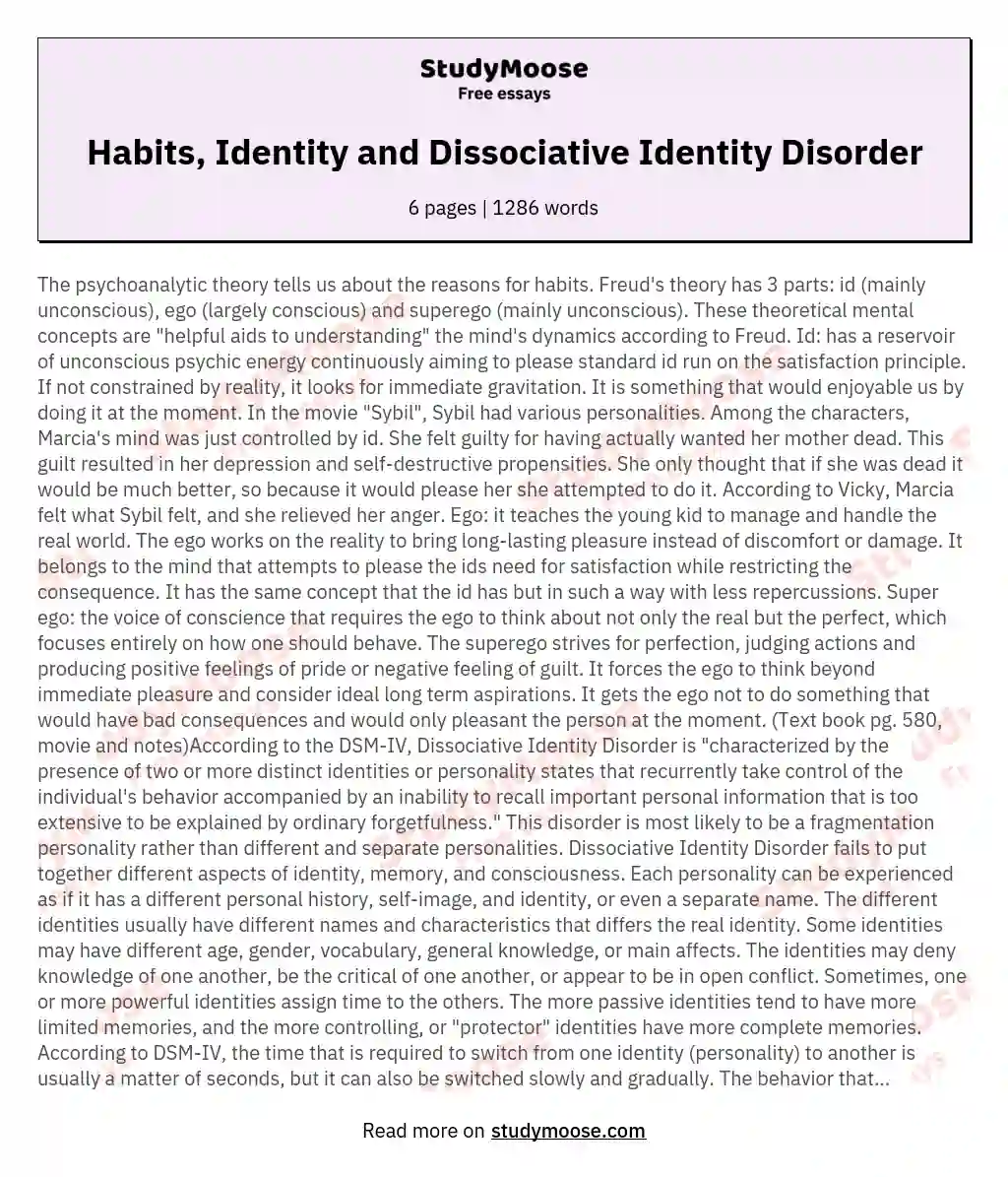 Habits, Identity and Dissociative Identity Disorder essay