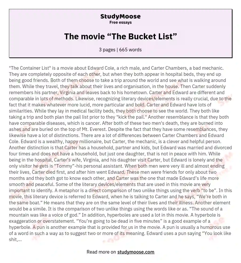 The movie “The Bucket List” essay