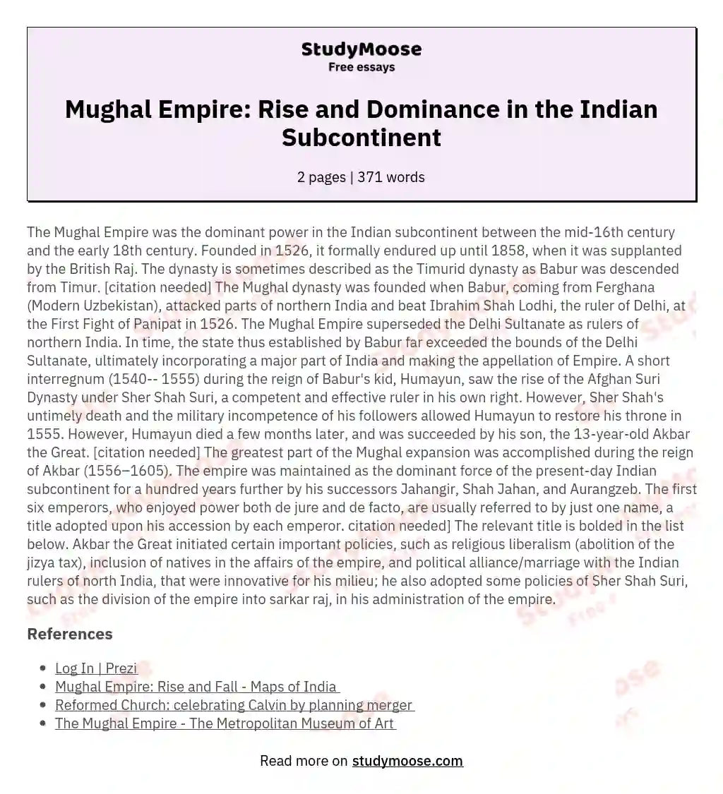 Mughal Empire: Rise and Dominance in the Indian Subcontinent essay