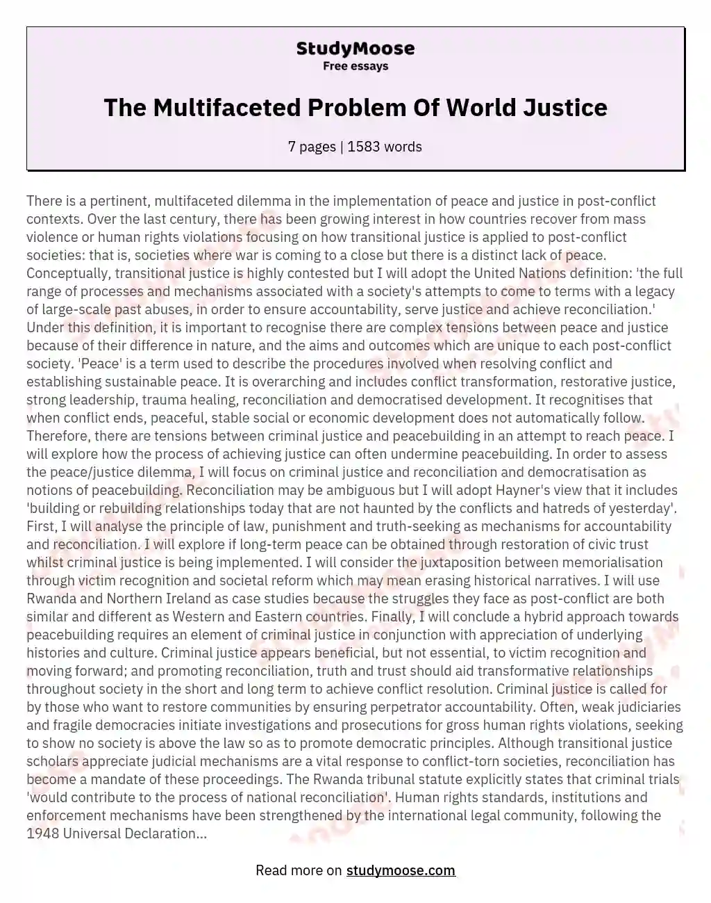The Multifaceted Problem Of World Justice essay