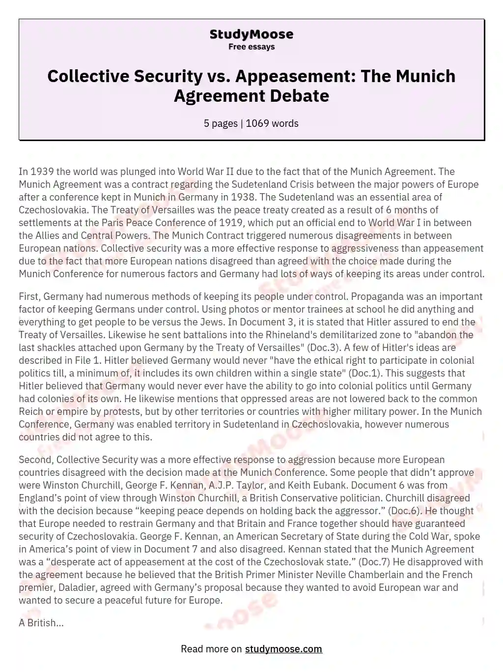Collective Security vs. Appeasement: The Munich Agreement Debate essay
