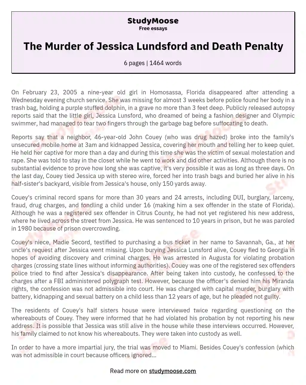 The Murder of Jessica Lundsford and Death Penalty