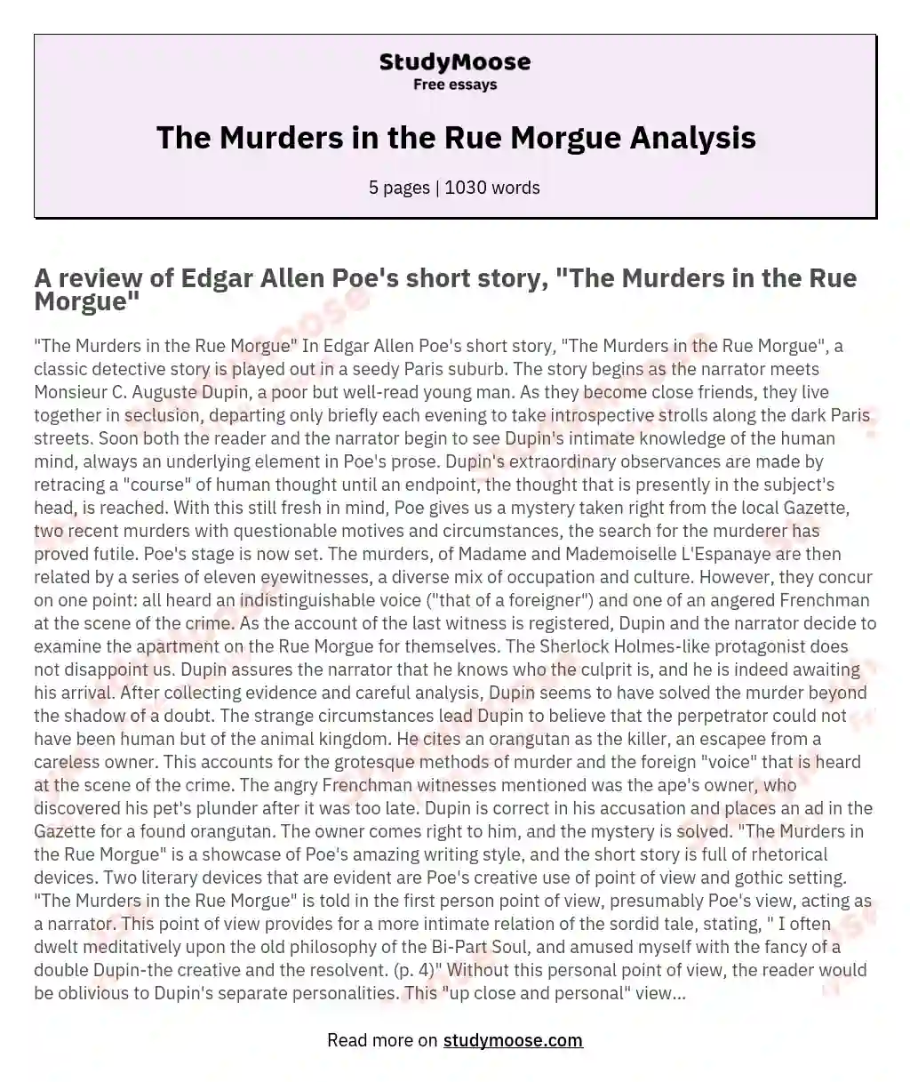 The Murders in the Rue Morgue Analysis essay