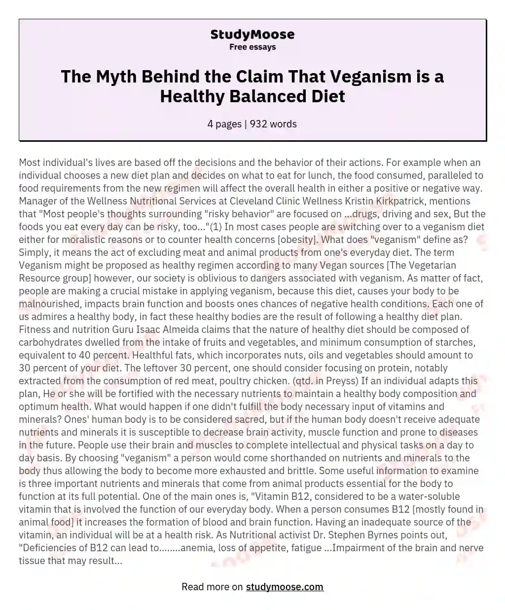 The Myth Behind the Claim That Veganism is a Healthy Balanced Diet essay