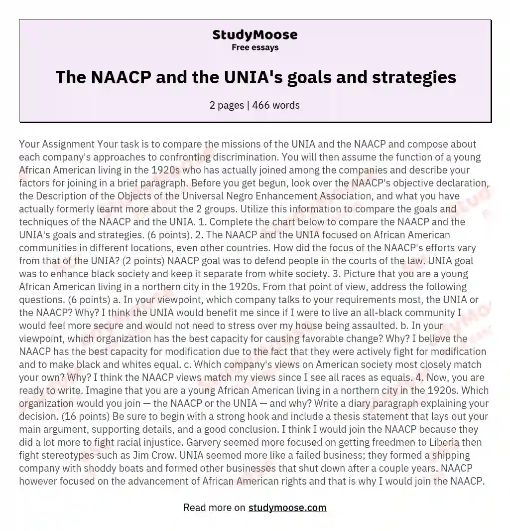 The NAACP and the UNIA's goals and strategies essay