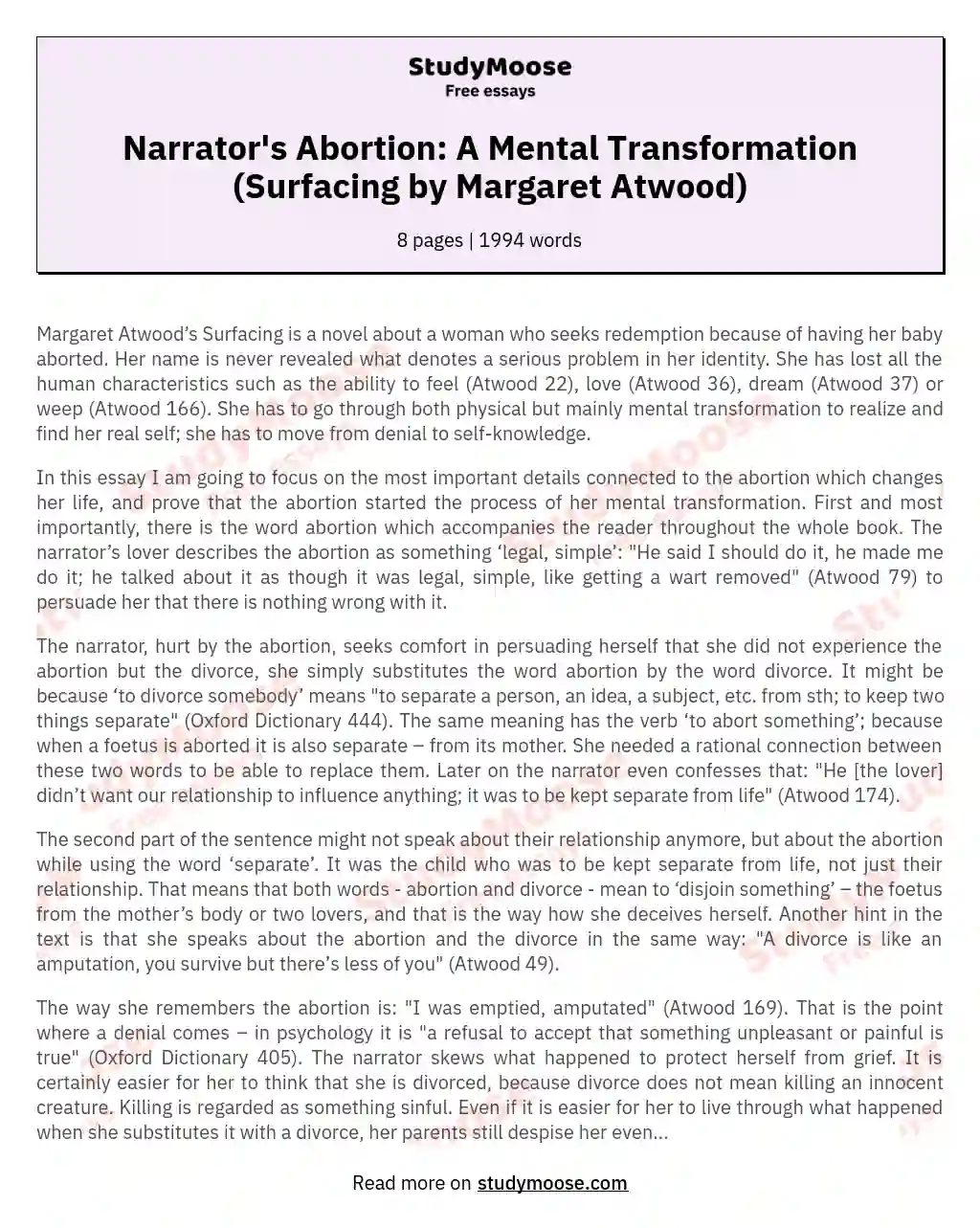 The Narrator’s Abortion Started the Process of her Mental Transformation (Margaret Atwood’s Surfacing)