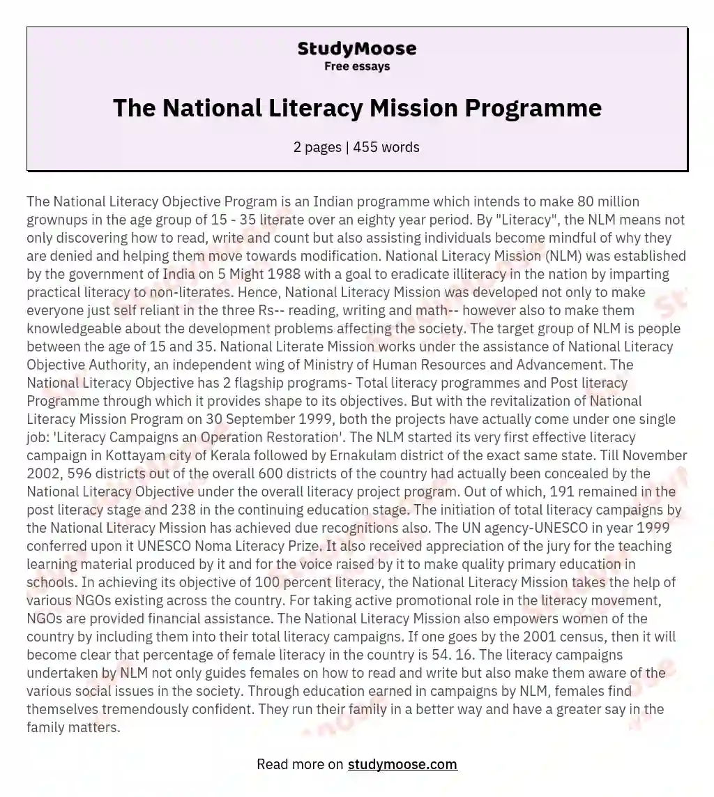 The National Literacy Mission Programme essay
