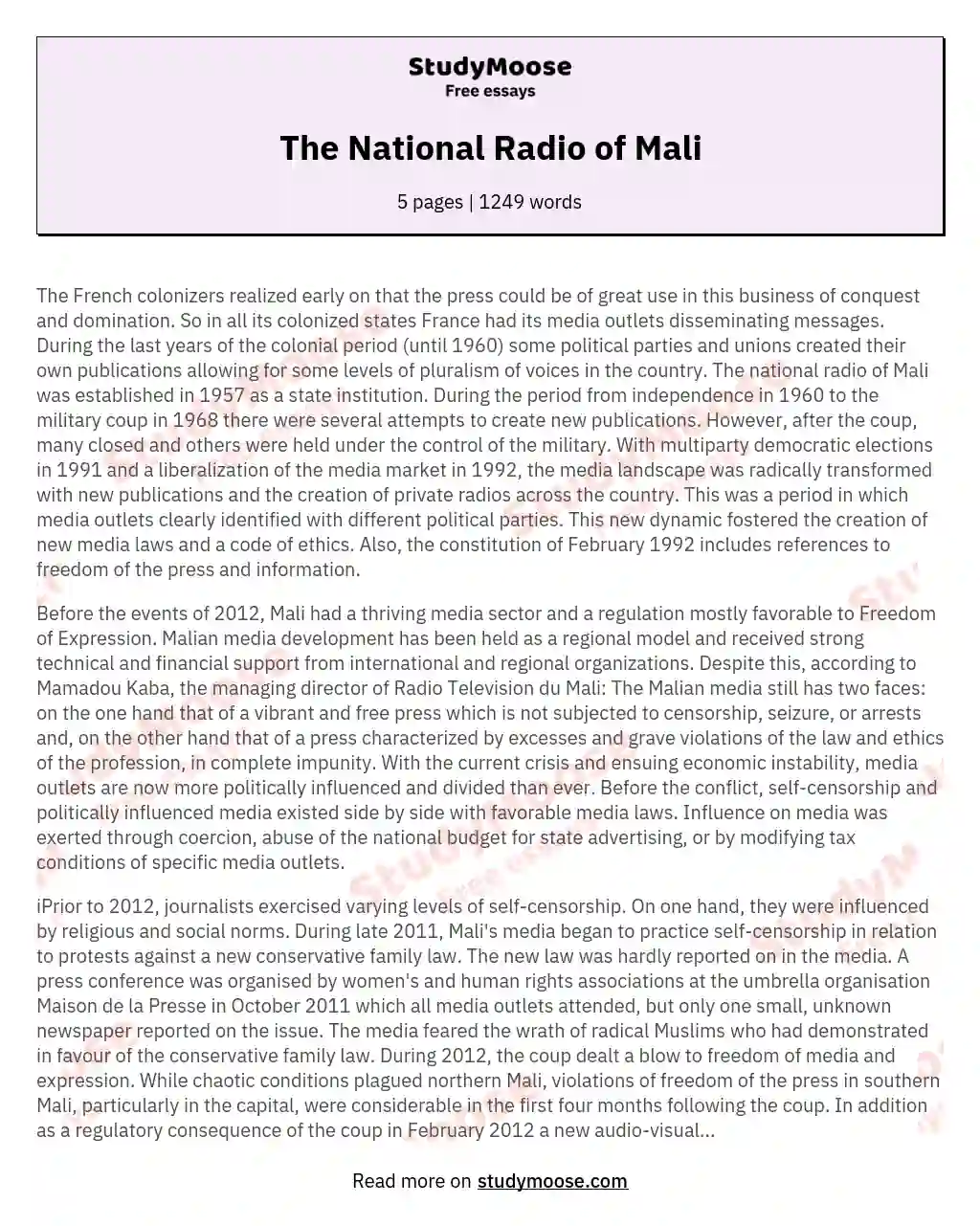 The National Radio of Mali essay