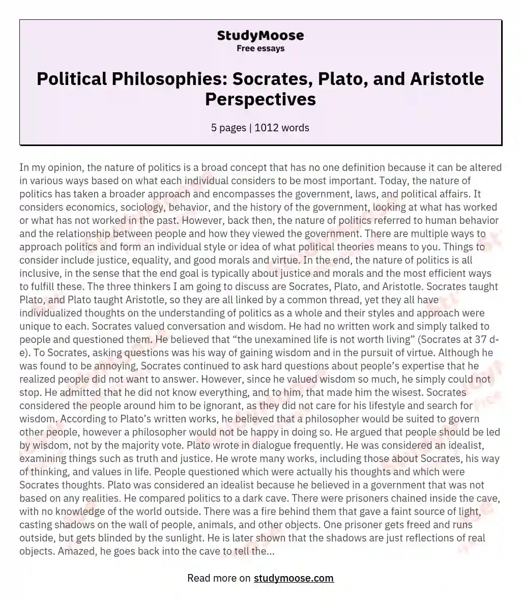 Political Philosophies: Socrates, Plato, and Aristotle Perspectives essay