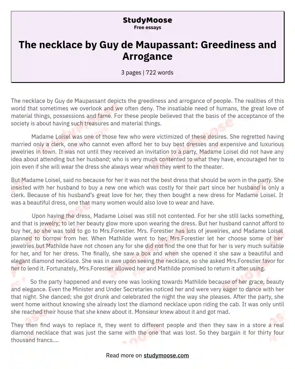 The necklace by Guy de Maupassant: Greediness and Arrogance