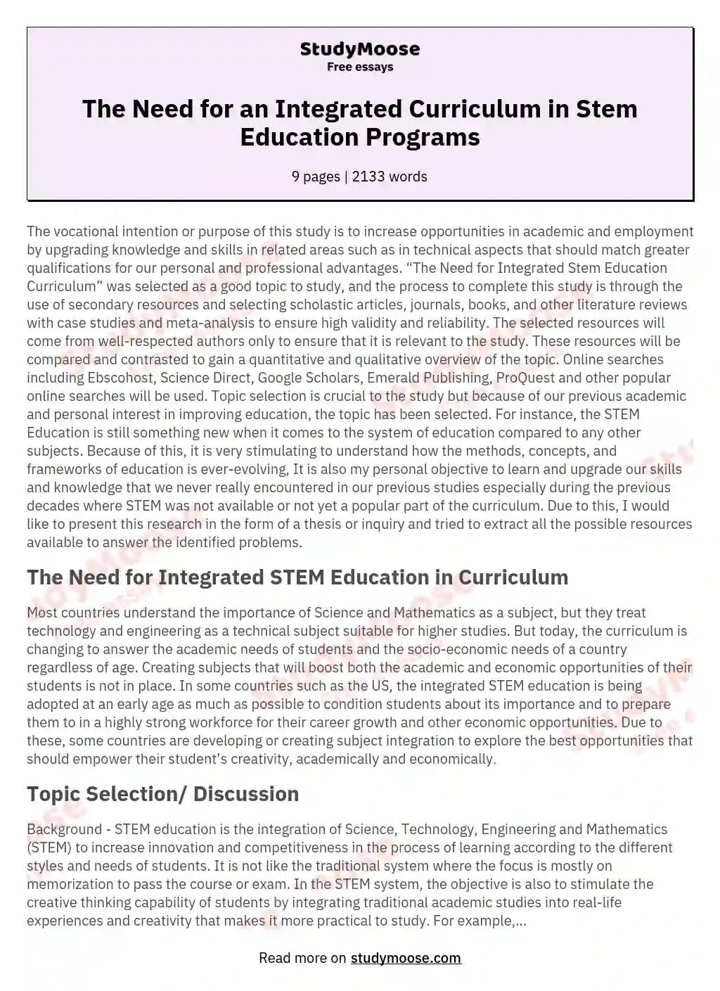 The Need for an Integrated Curriculum in Stem Education Programs essay