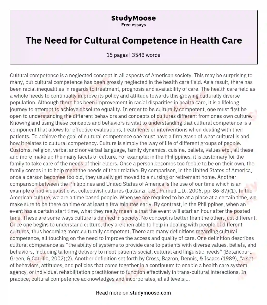 The Need for Cultural Competence in Health Care essay