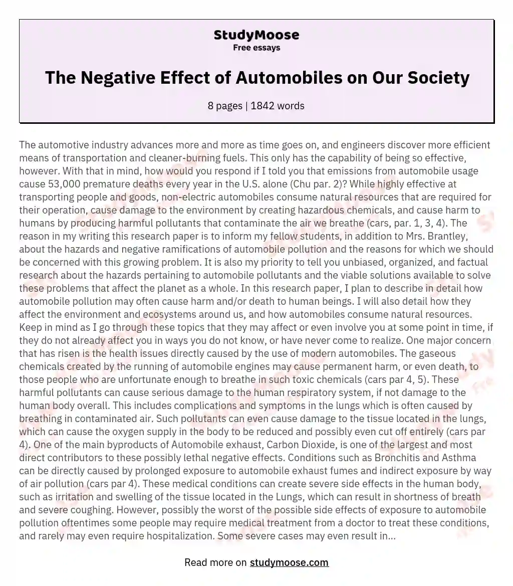 The Negative Effect of Automobiles on Our Society essay