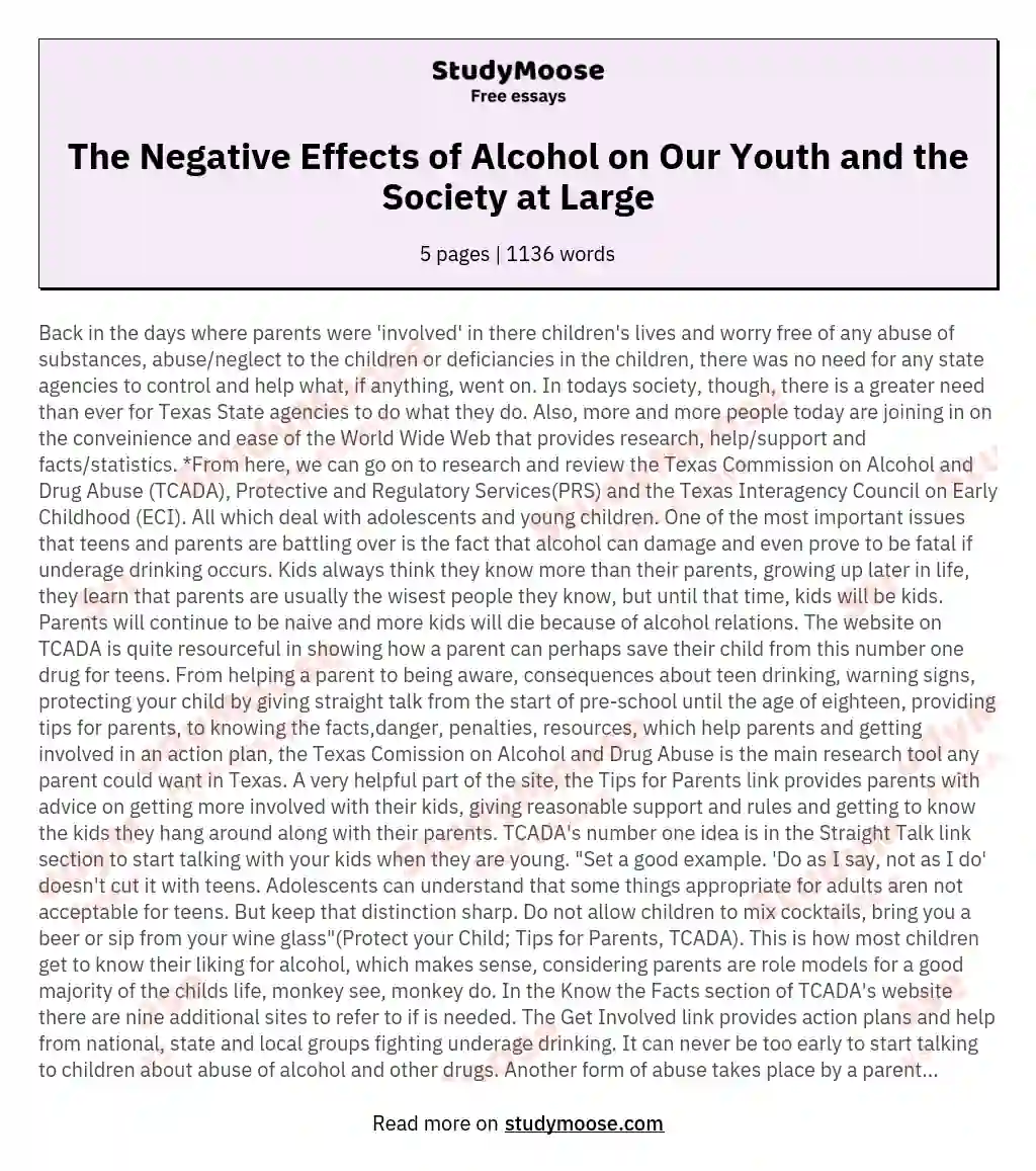 The Negative Effects of Alcohol on Our Youth and the Society at Large essay
