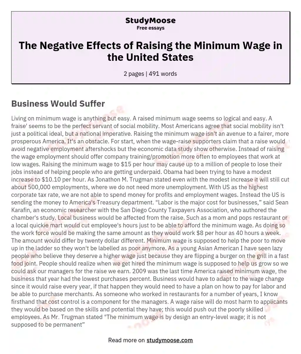 The Negative Effects of Raising the Minimum Wage in the United States
