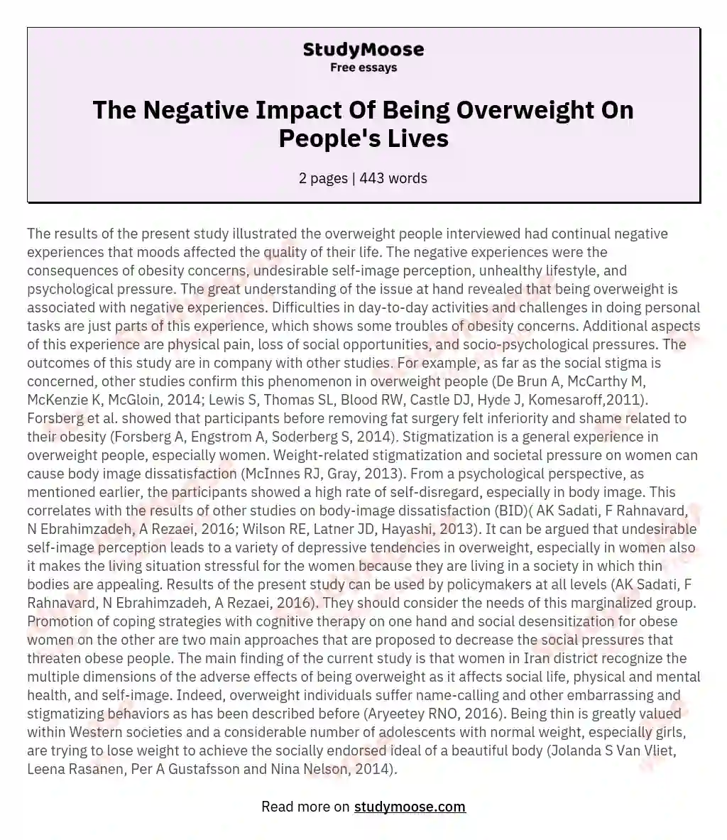 The Negative Impact Of Being Overweight On People's Lives essay