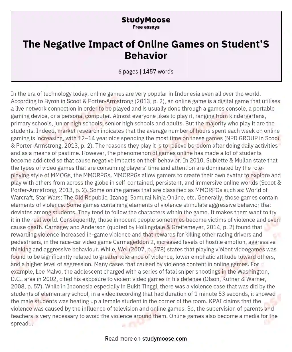 essay about negative effects of online games