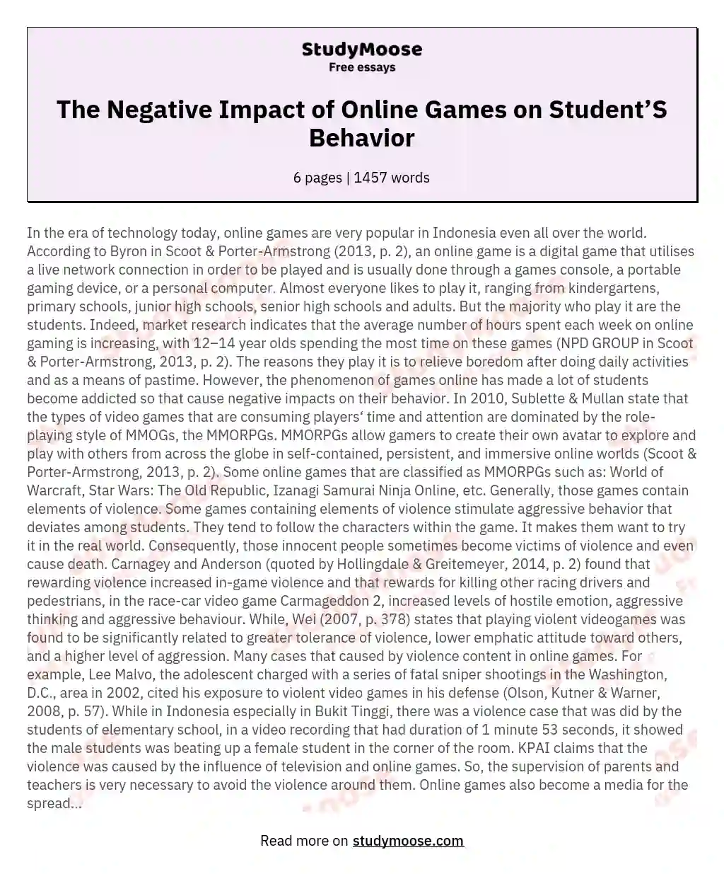 The Negative Impact of Online Games on Student’S Behavior essay