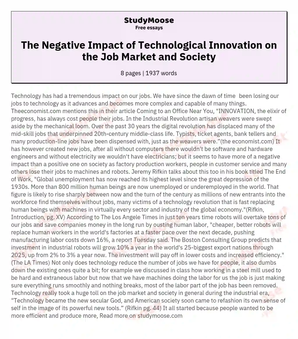 The Negative Impact of Technological Innovation on the Job Market and Society essay