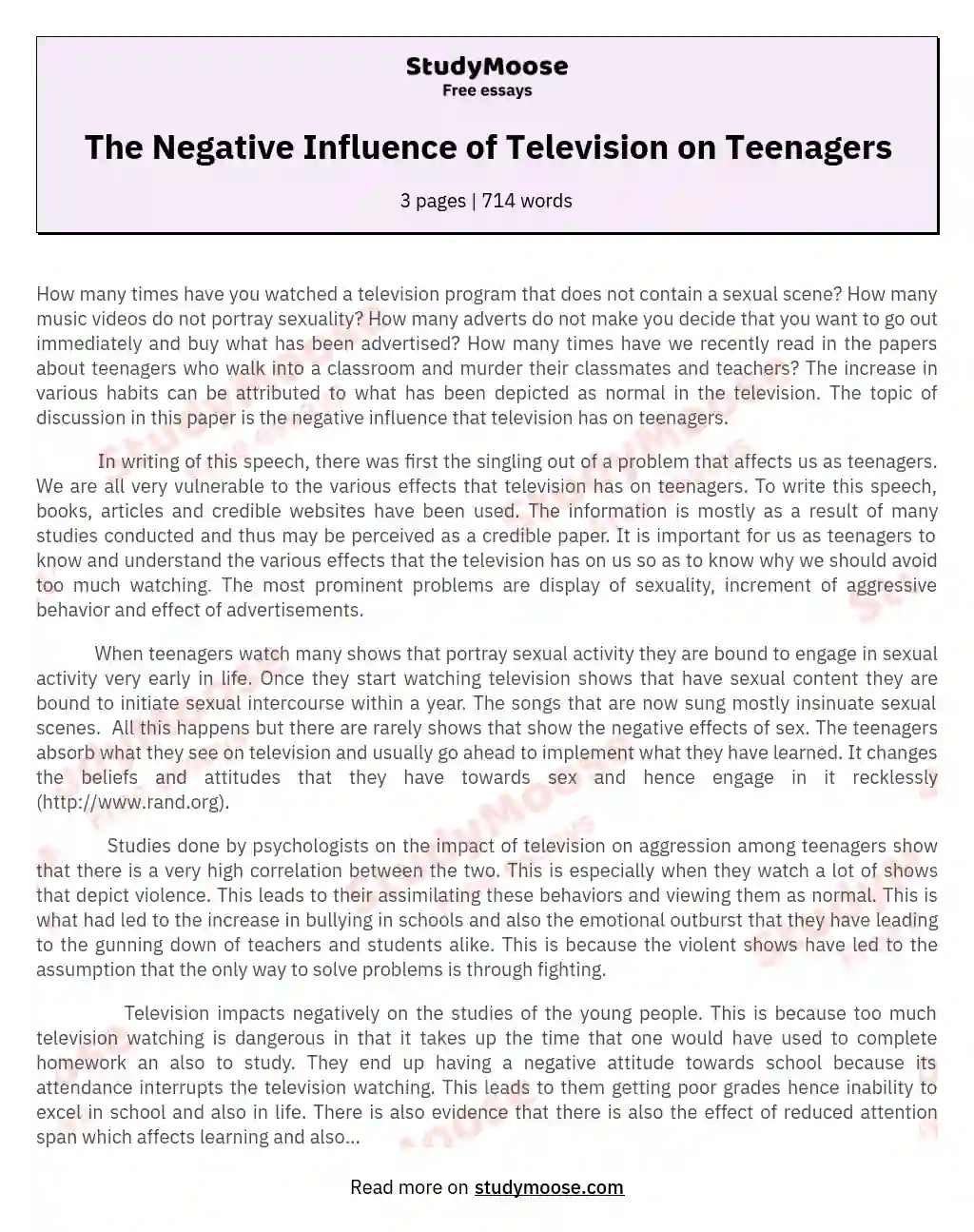 The Negative Influence of Television on Teenagers essay