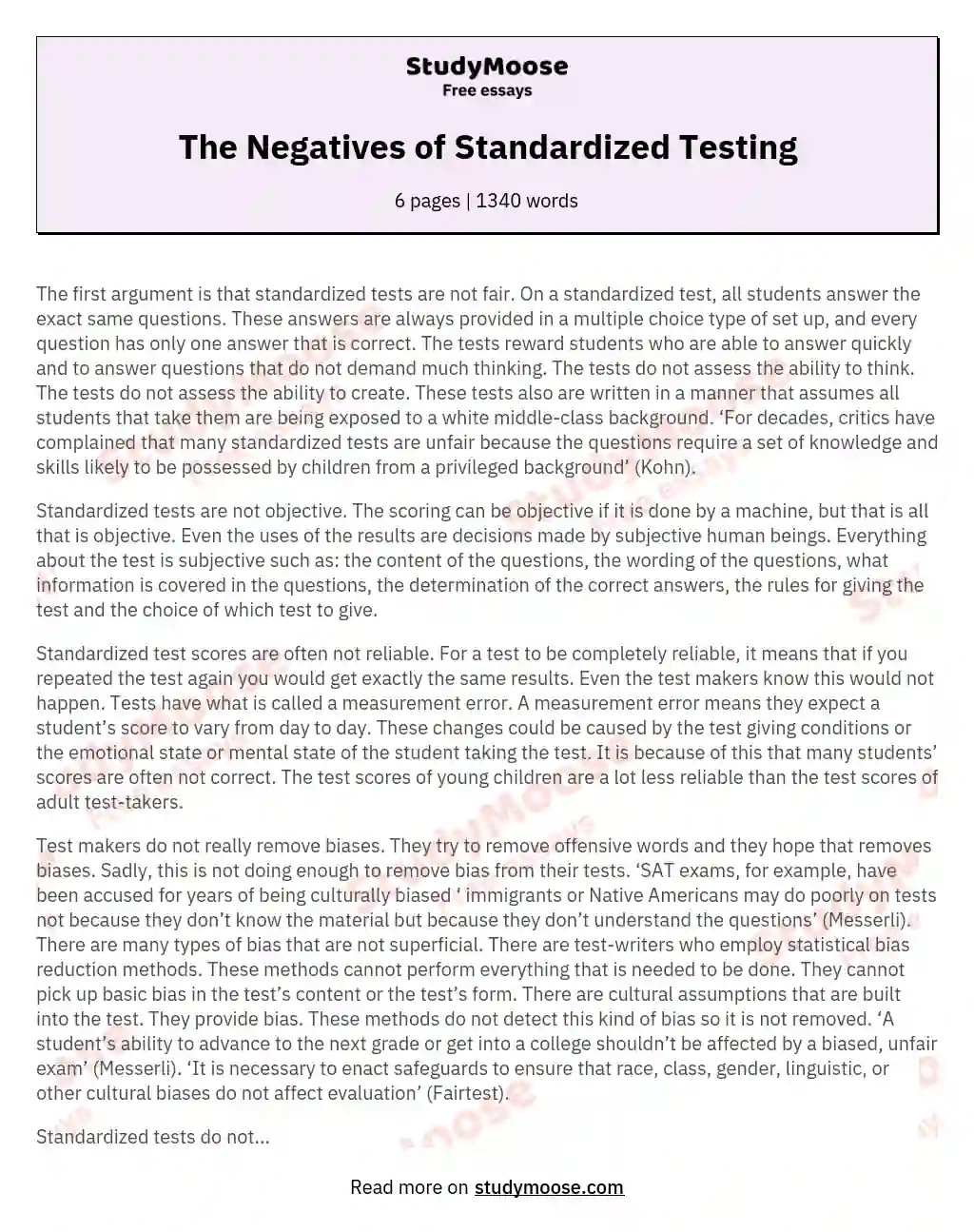 The Negatives of Standardized Testing essay