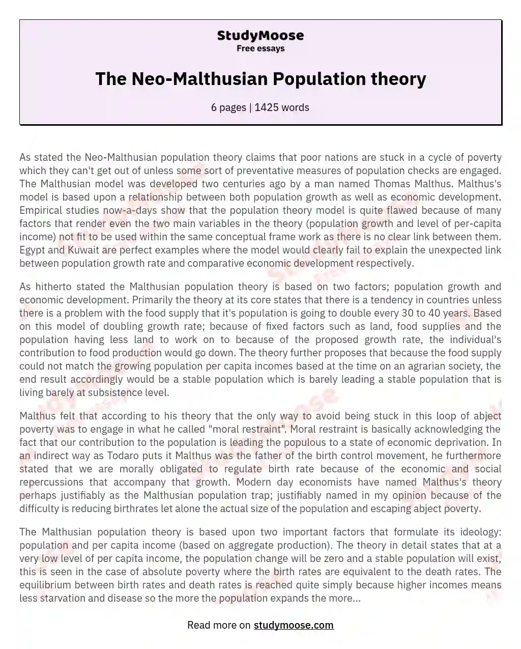 The Neo-Malthusian Population theory essay