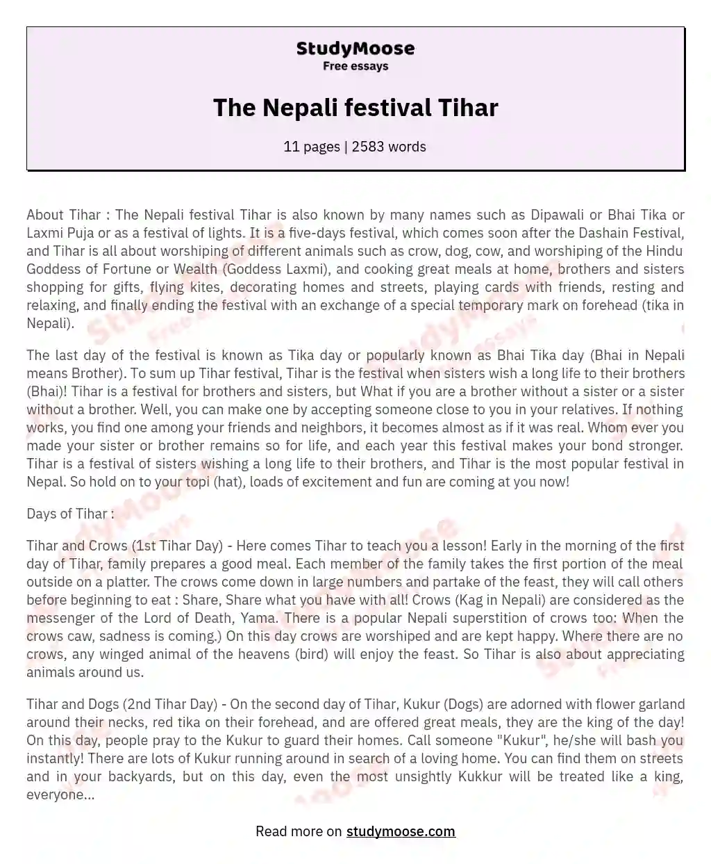The Nepali festival Tihar essay