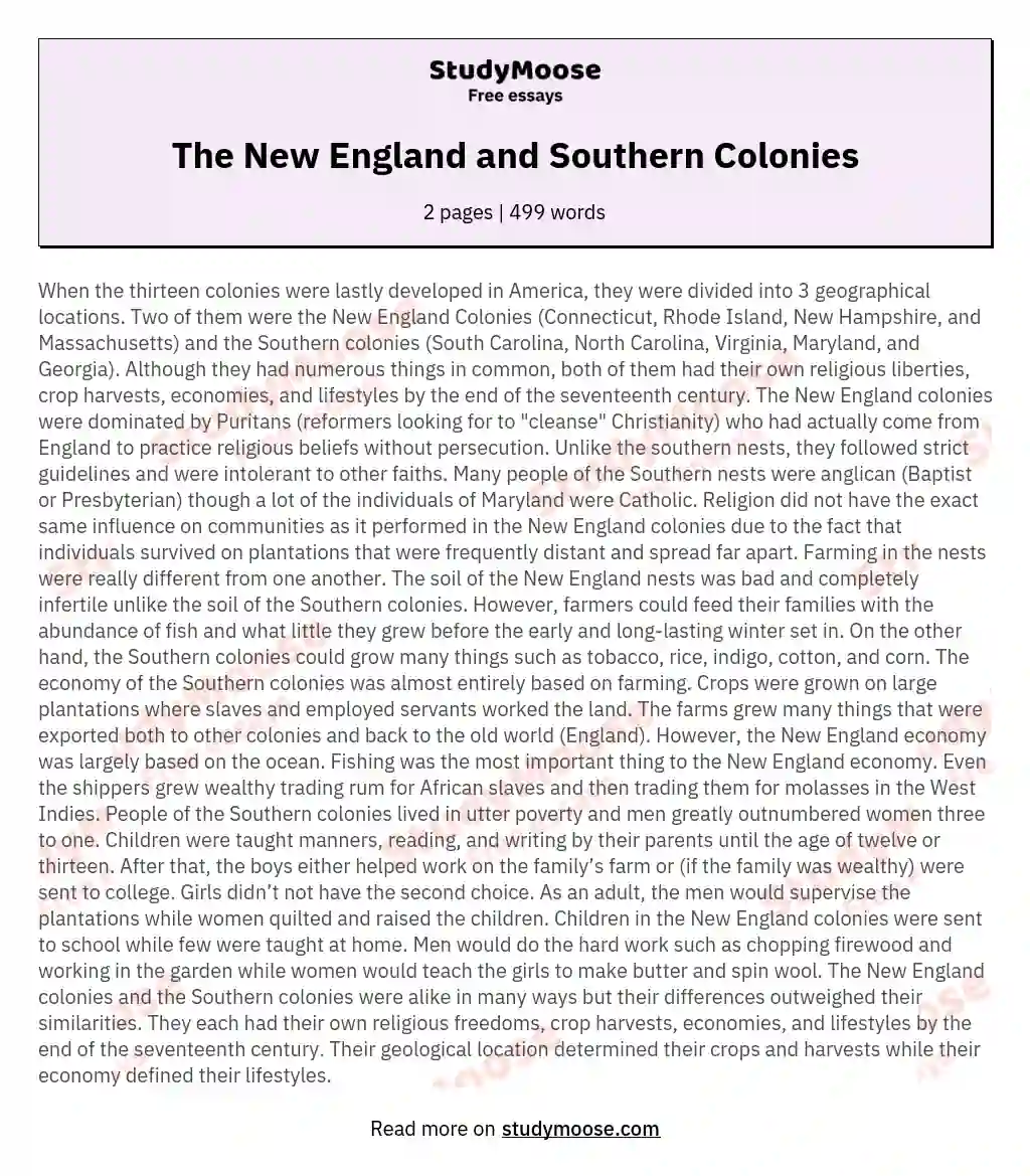 The New England and Southern Colonies essay
