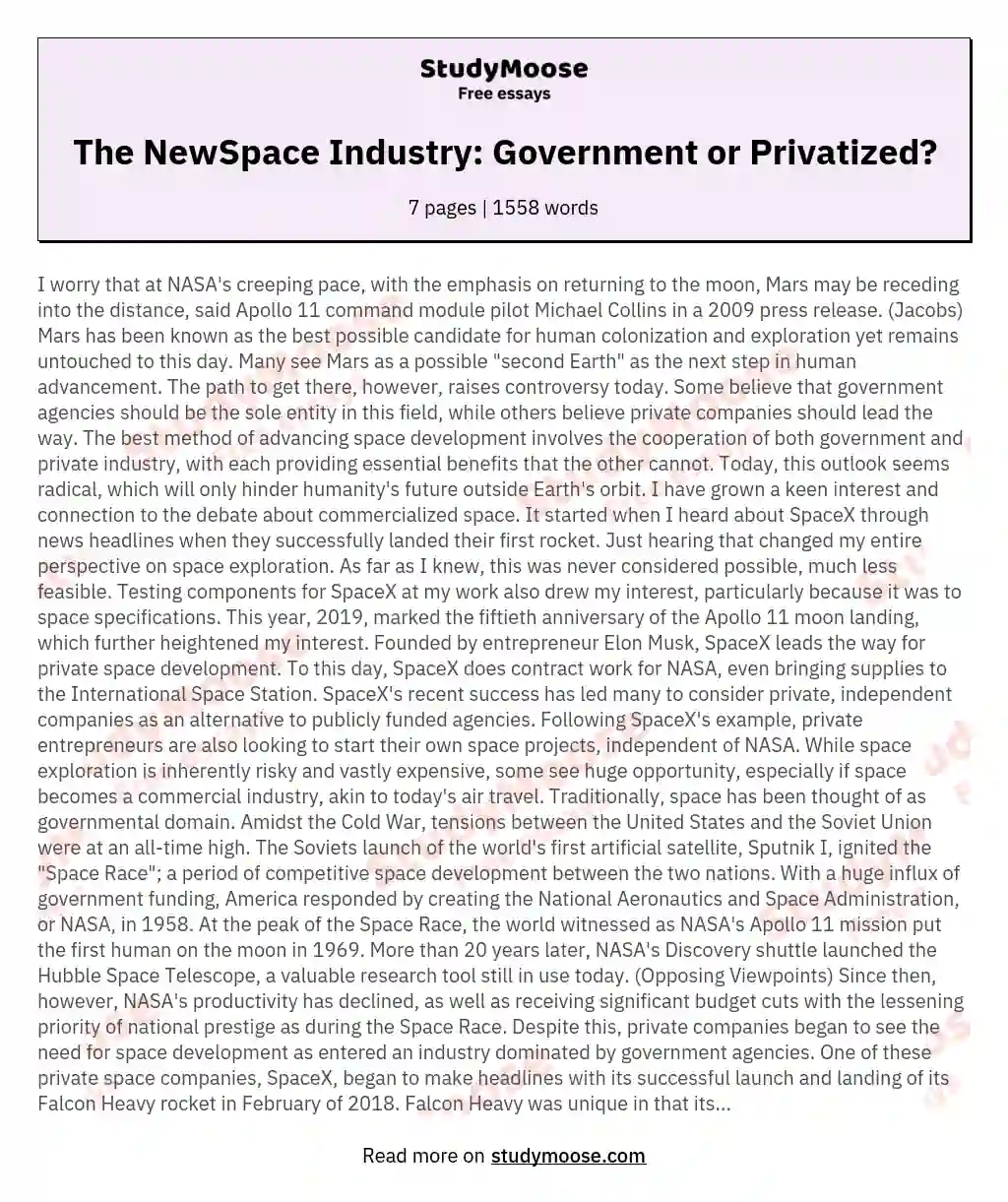 The NewSpace Industry: Government or Privatized? essay