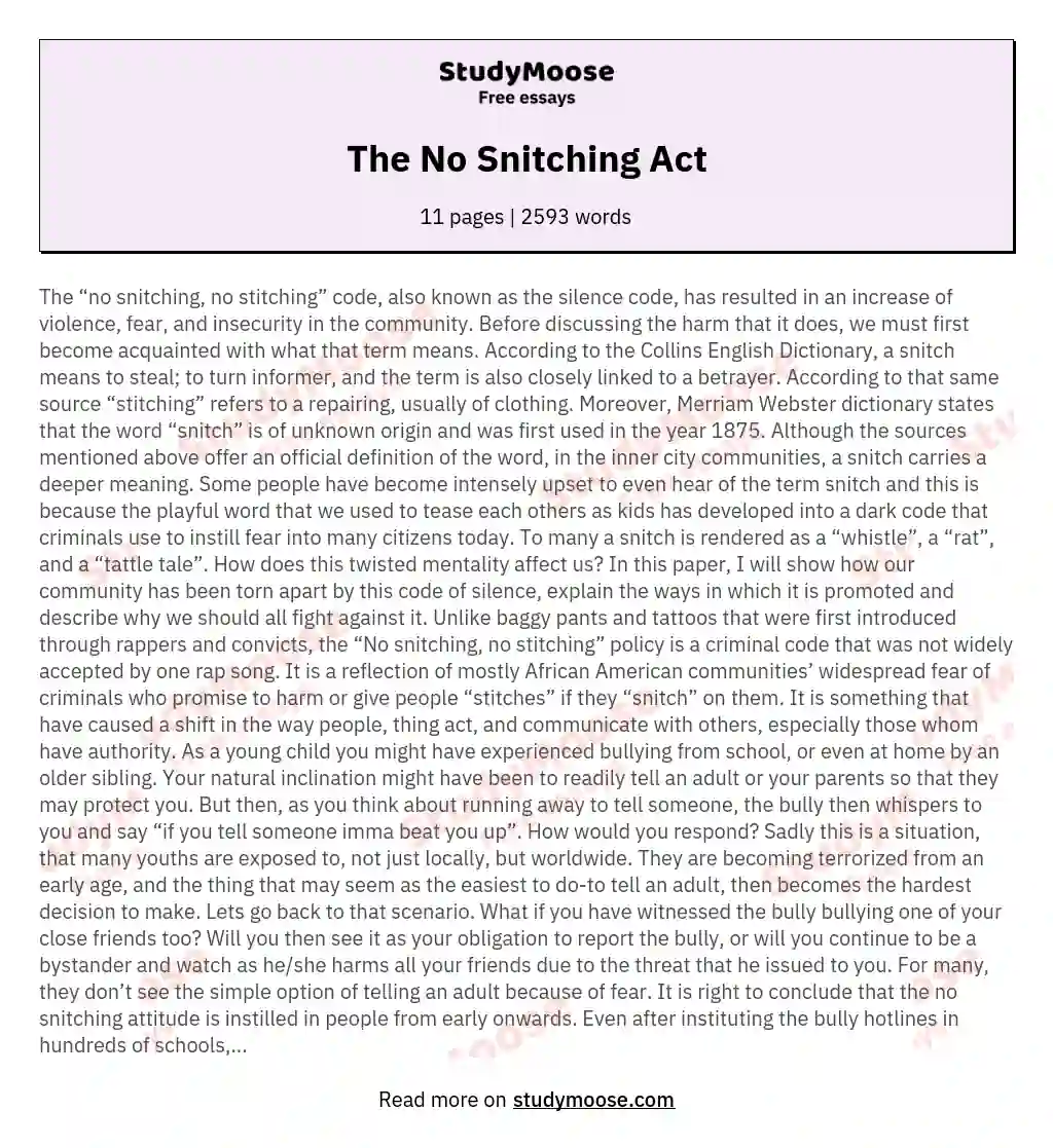 The No Snitching Act essay