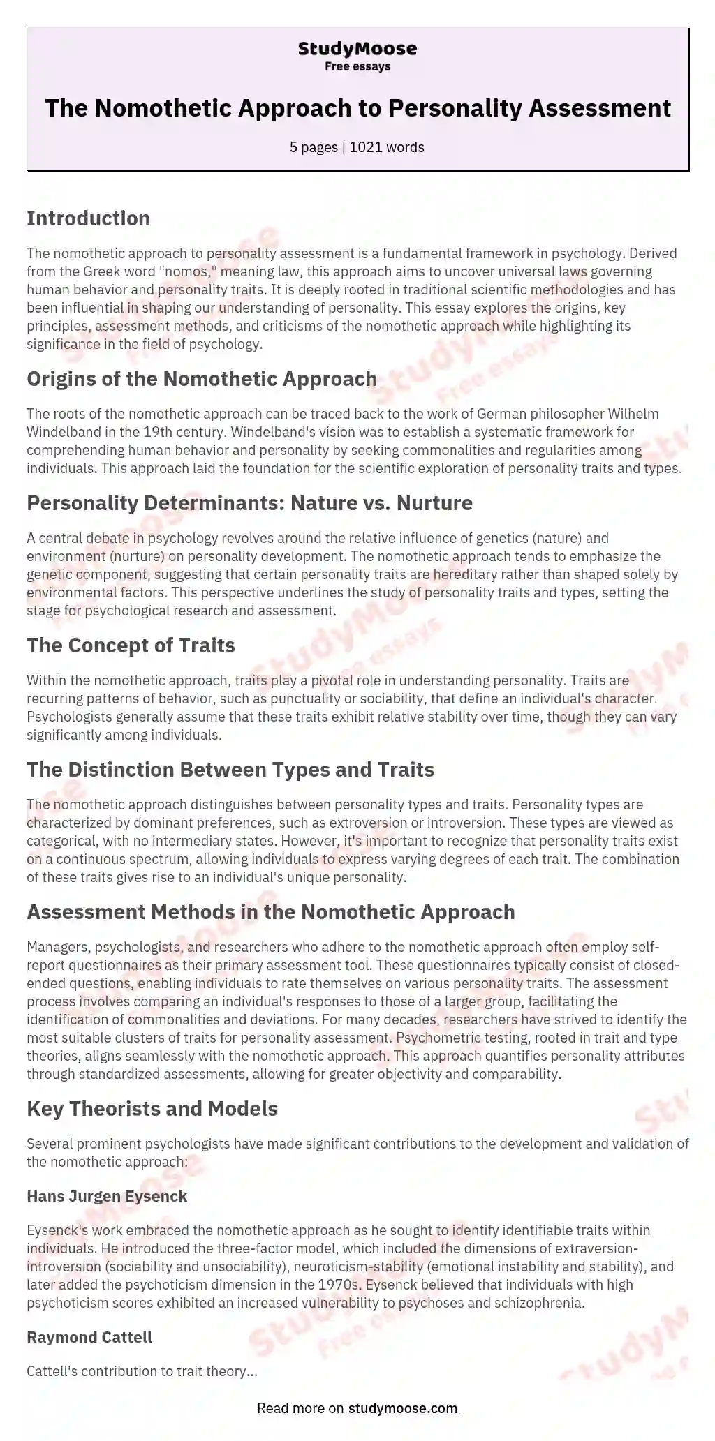 The Nomothetic Approach to Personality Assessment essay
