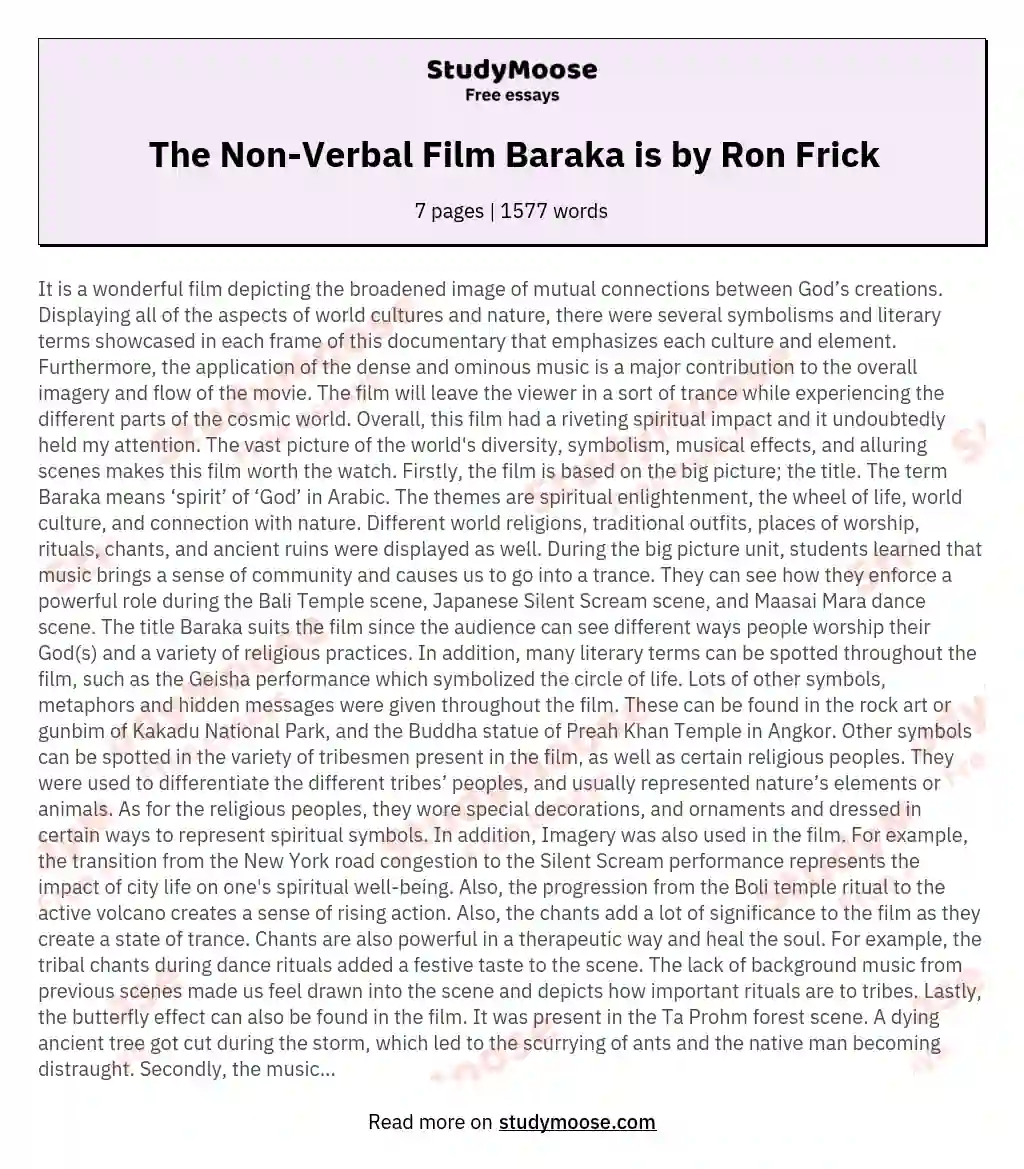 The Non-Verbal Film Baraka is by Ron Frick essay