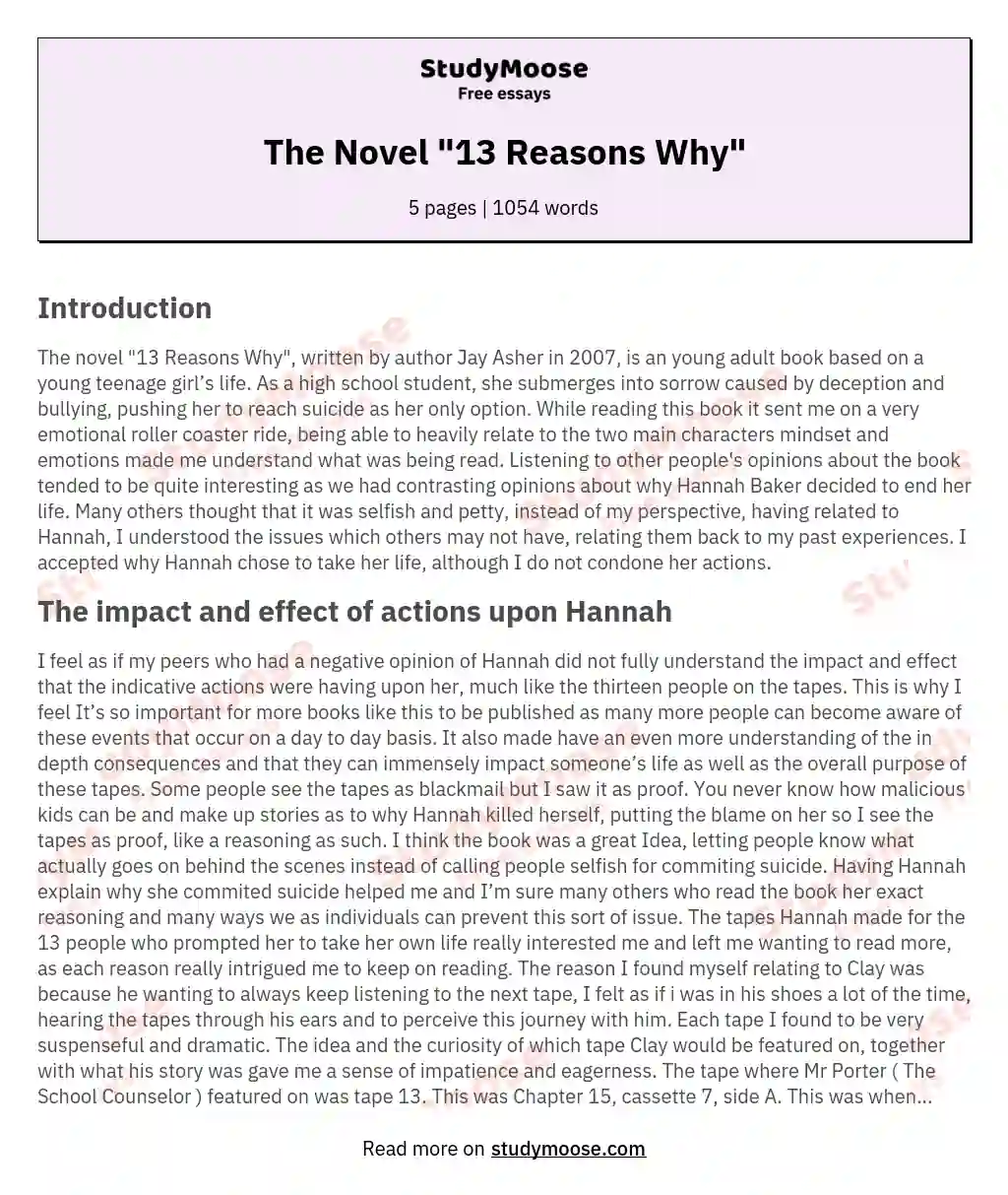 The Novel "13 Reasons Why" essay