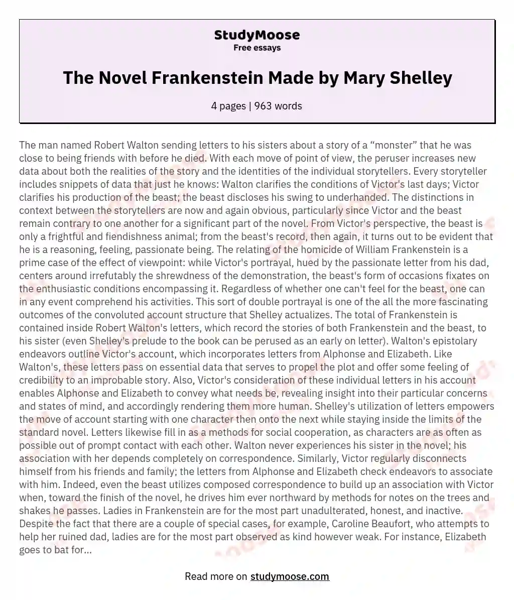 The Novel Frankenstein Made by Mary Shelley essay