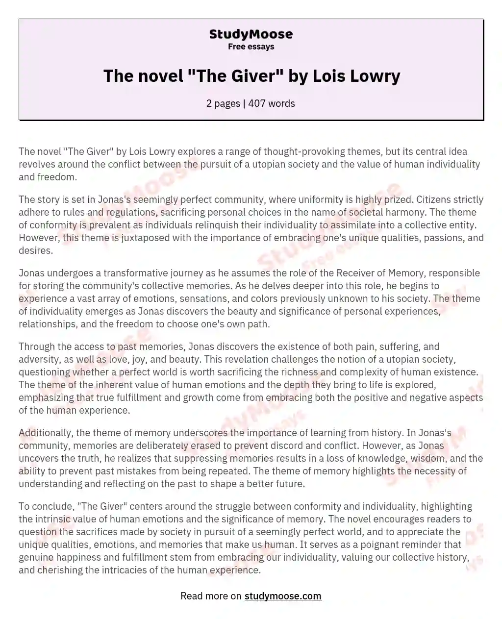The novel "The Giver" by Lois Lowry essay
