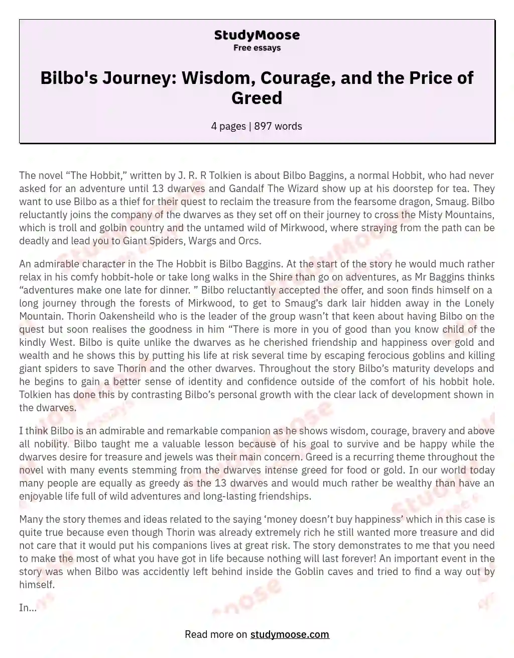 Bilbo's Journey: Wisdom, Courage, and the Price of Greed essay