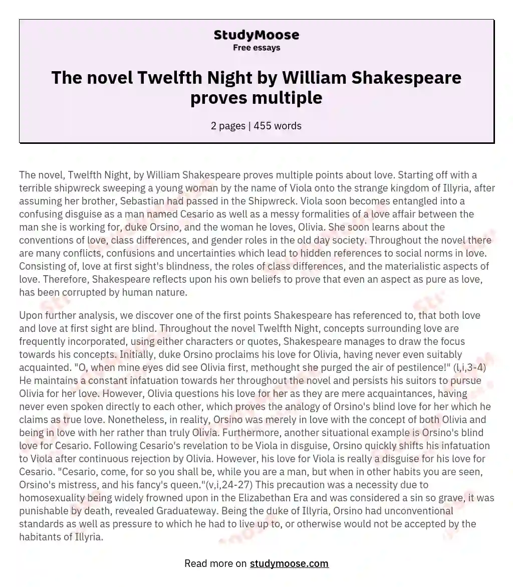 The novel Twelfth Night by William Shakespeare proves multiple essay