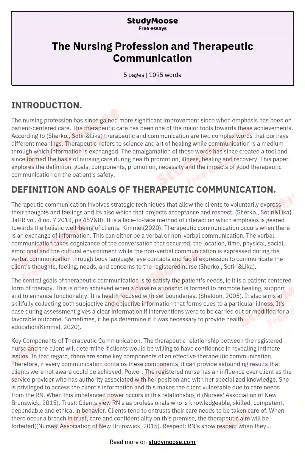 The Nursing Profession and Therapeutic Communication essay